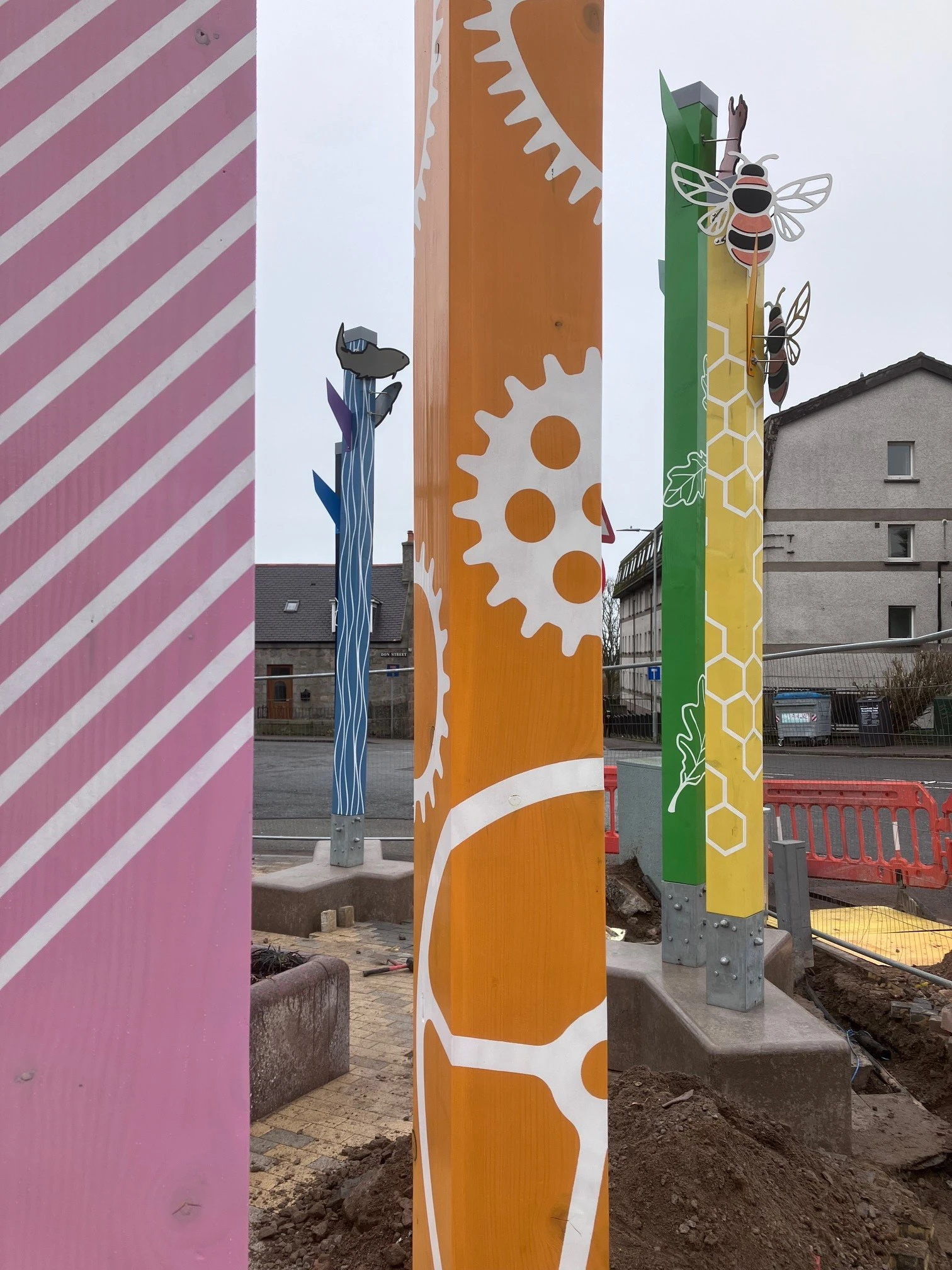 Sculptural Totems, Douglas Fir, Concrete, Stainless Steel, Acrylic, Woodstain, Anti-graffiti Coating, 2024