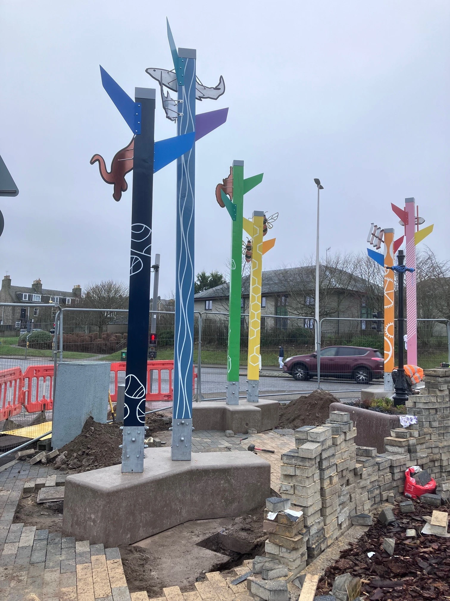 Sculptural Totems, Douglas Fir, Concrete, Stainless Steel, Acrylic, Woodstain, Anti-graffiti Coating, 2024
