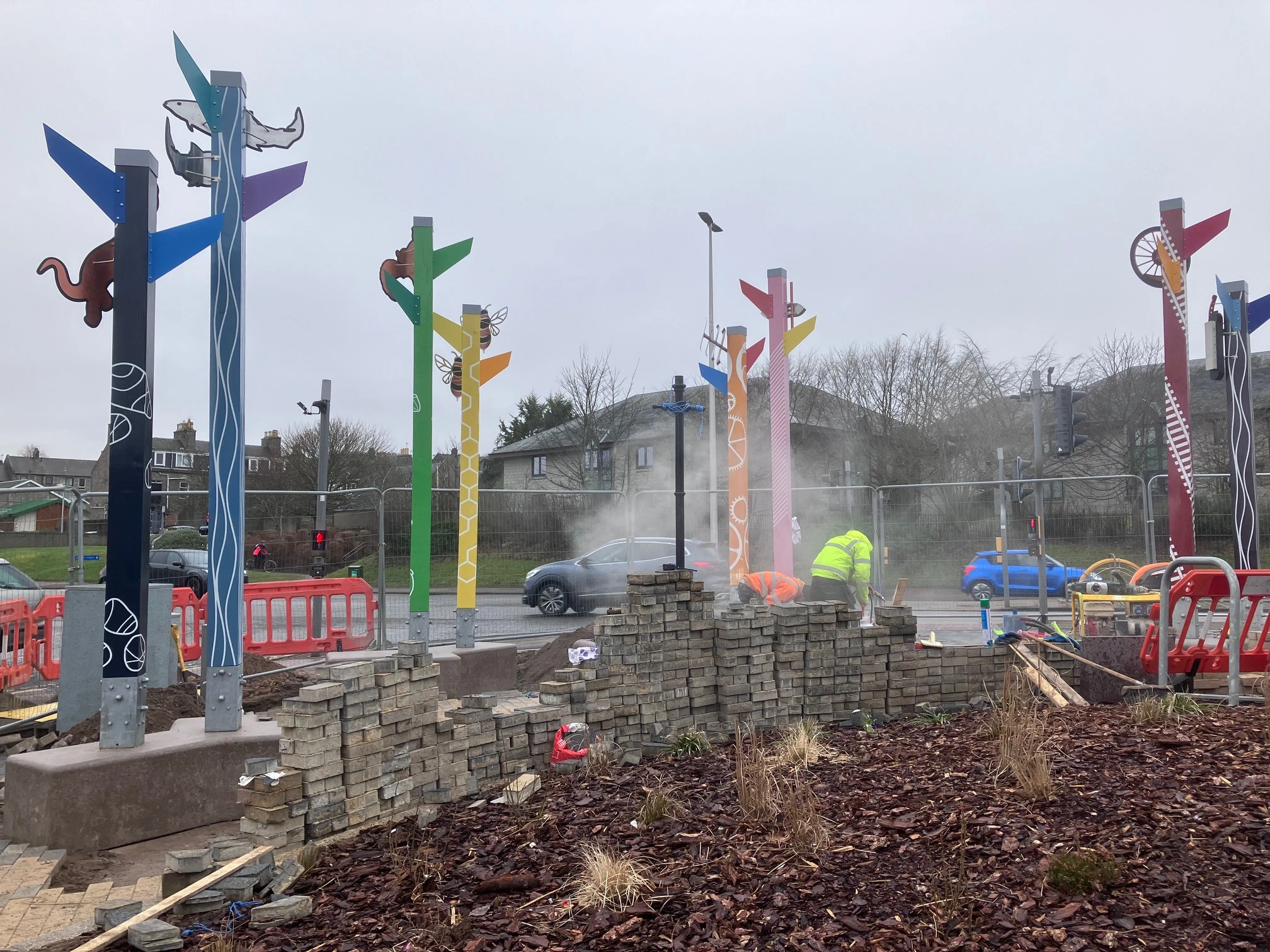 Sculptural Totems, Douglas Fir, Concrete, Stainless Steel, Acrylic, Woodstain, Anti-graffiti Coating, 2024