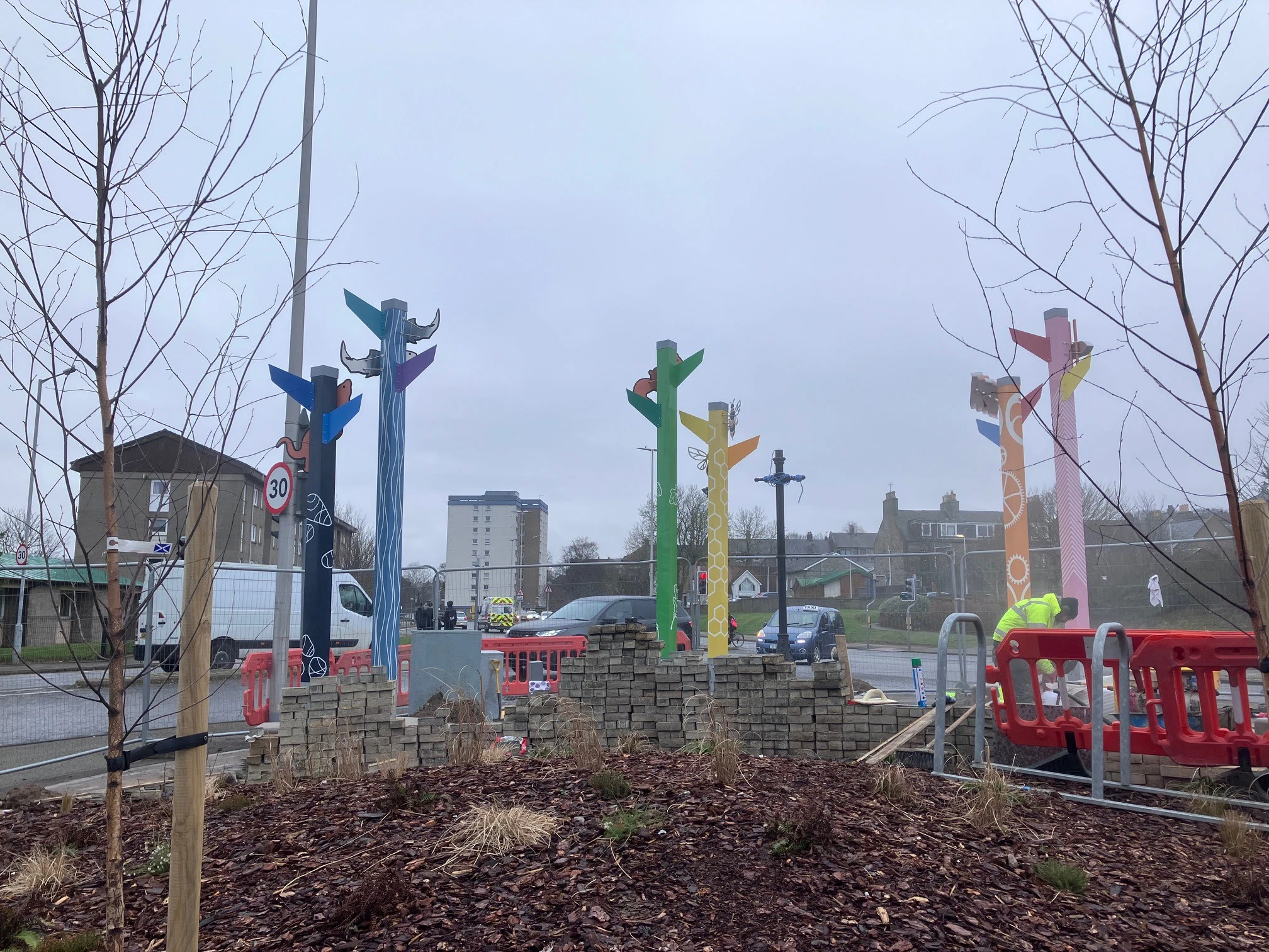 Sculptural Totems, Douglas Fir, Concrete, Stainless Steel, Acrylic, Woodstain, Anti-graffiti Coating, 2024